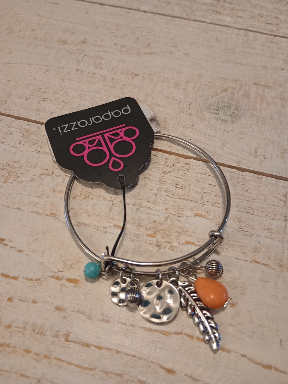 paparazzi Silver-Tone Charm Bangle with Turquoise and Orange Accents